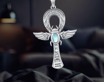 Sterling Silver Ankh Necklace: Egyptian Scarab Wing Pendant