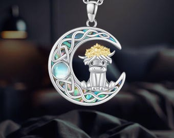 Keltischer Mond Highland Kuh Anhänger Halskette 925 Sterling Silber Mondstein Abalone Muschel Keltischer Knoten Schmuck für Frauen