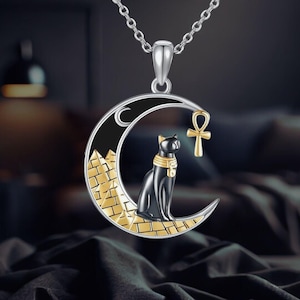 Egyptian Cat Moon Necklace 925 Sterling Silver Bastet Moon Cat Pendant Egyptian Jewelry for Women