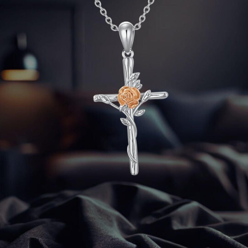 Rose Cross Pendant Necklace 925 Sterling Silver Rose Flower Christian ...