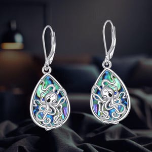 Octopus Teardrop Earrings 925 Sterling Silver Abalone Shell Dangle Earrings for Women