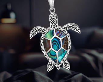 Abalone Shell Turtle Necklace, Sterling Silver Ocean Jewelry