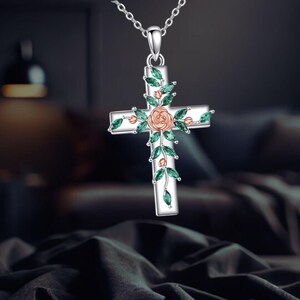 Rose Blume Kreuz Halskette 925 Sterling Silber Christian Cross Halskette für Frauen