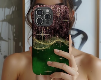 Capa para celular rosa e verde com design mágico e glamoroso.
