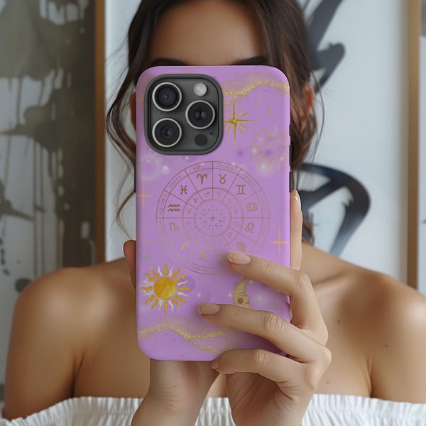 Etui na telefon z motywem astrologii w kolorze lawendy | Etui na telefon z motywem księżyca, słońca i gwiazd | Etui na iPhone'a w stylu zodiaku | Fioletowy, kosmiczny prezent w stylu boho