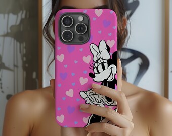 ピンクのハートのかわいいミニーの携帯ケース、かわいいガーリーなケース