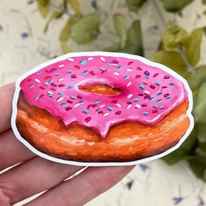 Pink Iced Doughnut Vinyl Sticker | Hand-Drawn, Waterproof Decal with Sprinkles for Laptops, Water Bottles & Journals