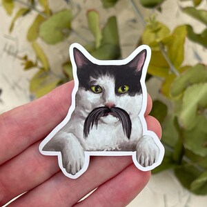 Adesivo de vinil com desenho de gato bigodudo, desenhado à mão, à prova d'água para laptops, garrafas de água, álbuns de recortes e diários. Presente engraçado.