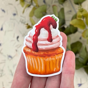 Adhesivo de vinilo con forma de cupcake. Dibujado a mano, resistente al agua, impreso profesionalmente, apto para uso en exteriores.