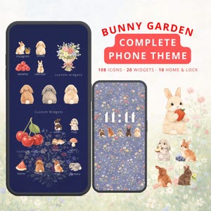 May include: A complete phone theme with a bunny garden design. It includes 108 icons, 20 widgets, and 10 home and lock screens. The design features watercolour illustrations of bunnies, flowers, and cherries, with the time 11:11 displayed.