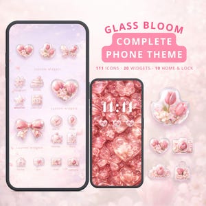 Może przedstawiać: Kompletny motyw telefonu z kwiatowym wzorem. Motyw zawiera 111 ikon, 20 widżetów i 10 opcji ekranu głównego i blokady. Projekt przedstawia różowe kwiaty, motyle i serca. Wyświetlany jest tekst "GLASS BLOOM COMPLETE PHONE THEME".