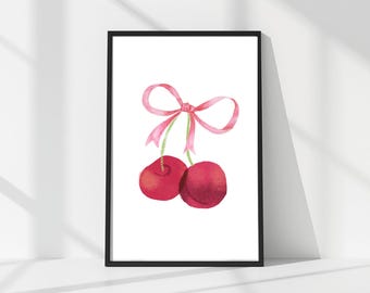 Cherry Bow Wall Art, Coquette Nursery Print, Pink Girly Kitchen Decor (Digital Download)