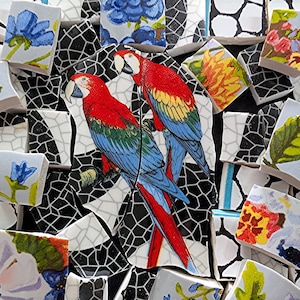 May include: A mosaic artwork composed of broken ceramic tiles. The central focus is a pair of parrots with red, yellow, blue, and green plumage. Surrounding tiles feature floral and abstract patterns in various colors, set against a black and white background.