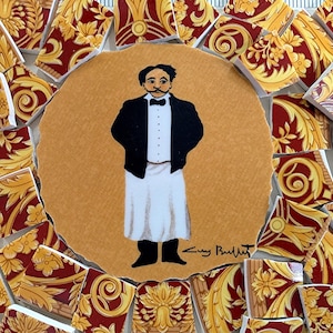 May include: A mosaic art piece featuring a central image of a man in a tuxedo and apron, surrounded by decorative tile fragments in red, gold, and cream. The man has a mustache and bow tie. The artist's signature is visible.