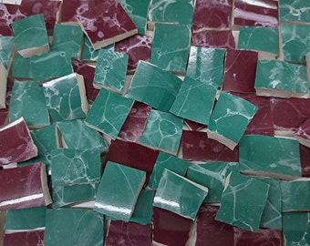 Marble look in Burgundy Wine and Hunter Green - hand cut broken Ceramic Mosaic Tiles