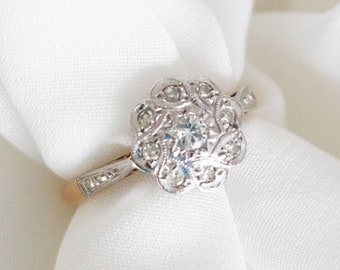 Diamond Flower Engagement Ring, 18k Yellow Gold Engagement, Platinum Engagement, Art Deco Engagement, Floral Engagement, Vintage Engagement