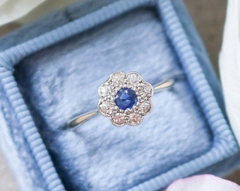 Vintage Engagement Ring, Diamond Flower, Flower Engagement, 18k Gold Engagement, Art Deco Engagement, Sapphire Engagement Ring, Art Deco