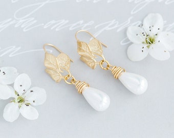 Gold Leaf Earrings, Pearl Earrings, Gold Drop Earrings, Bridal Earrings, Flower Earrings, Bohemian Earrings, Pearl Drop Earrings, LILY