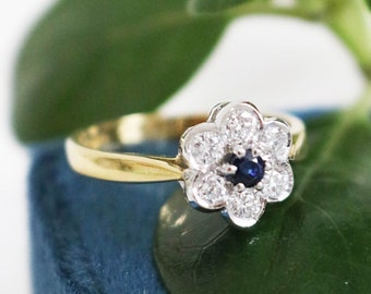 Art Deco Engagement Ring, Diamond Flower Engagement, Flower Engagement Ring, Sapphire Engagement Ring, 18k Yellow Gold Ring, White Gold Ring