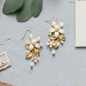 Gold Leaf and Pearl Earrings, Fresh Water Pearl Earrings, Flower Earrings, Pearl Flower, Gold Leaf Earrings, Gold Vine Earring, EVANTHE