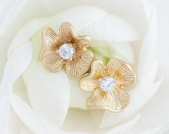 Floral Bridal Studs, Gold Flower Crystal Studs, Flower Studs, Petal Studs, Gold Studs, Bridal Studs, Bridesmaids Studs, Gold Earrings, LIONA