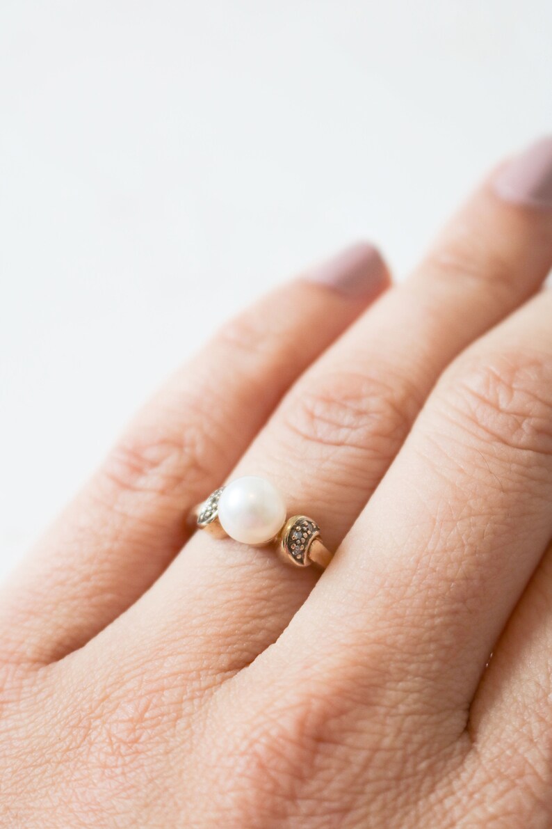 Vintage Pearl Engagement Ring, Vintage Diamond Engagement Ring, 9ct Gold, Diamond Pearl Ring, Antique Engagement Ring, Diamond Ring, Pearl image 9