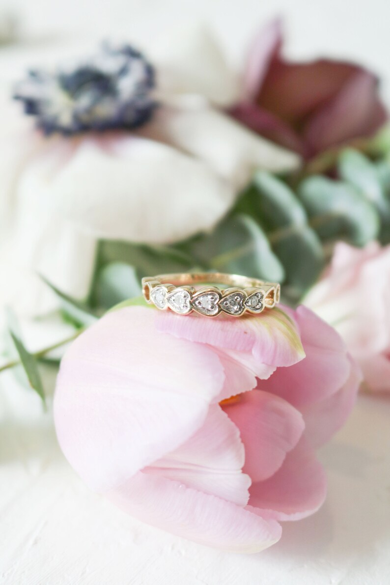 Diamond Half Eternity Wedding Band, Heart Wedding Band, 9ct Gold, Vintage Wedding Band, Vintage Engagement Ring, Antique Wedding Band, Heart image 9
