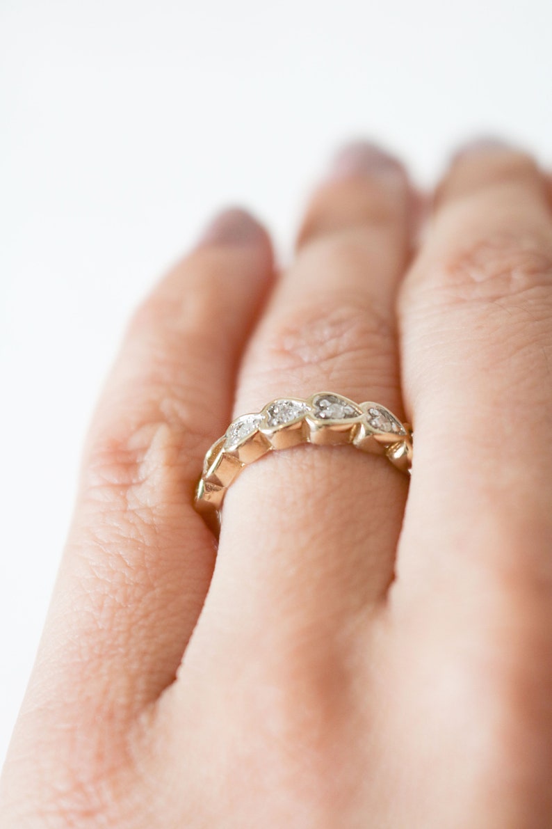 Diamond Half Eternity Wedding Band, Heart Wedding Band, 9ct Gold, Vintage Wedding Band, Vintage Engagement Ring, Antique Wedding Band, Heart image 5