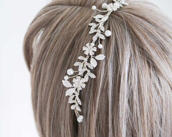 Floral Headband, Crystal Leaf Headband, Flower Headband, Pearl Headband, Crystal Flower Hairpiece, Leaf Hairpiece, Bridal Headband, ASTORIA