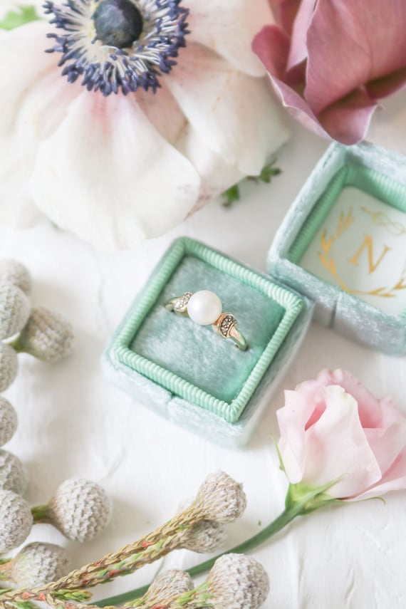 Vintage Pearl Engagement Ring, Vintage Diamond En… - image 1