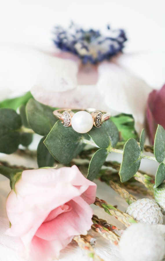 Vintage Pearl Engagement Ring, Vintage Diamond En… - image 3