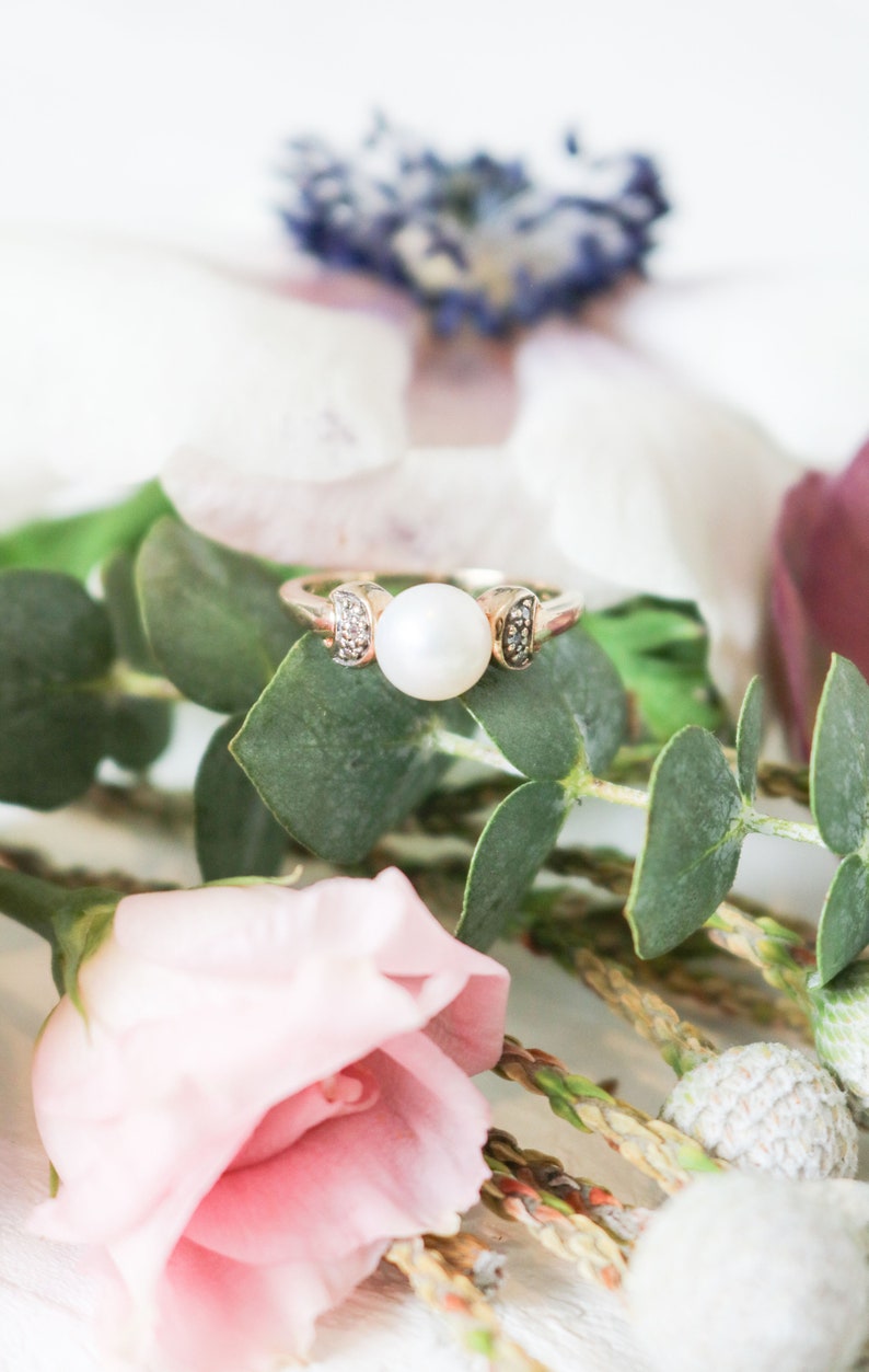 Vintage Pearl Engagement Ring, Vintage Diamond Engagement Ring, 9ct Gold, Diamond Pearl Ring, Antique Engagement Ring, Diamond Ring, Pearl image 3