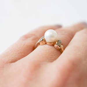 Vintage Pearl Engagement Ring, Vintage Diamond Engagement Ring, 9ct Gold, Diamond Pearl Ring, Antique Engagement Ring, Diamond Ring, Pearl image 4