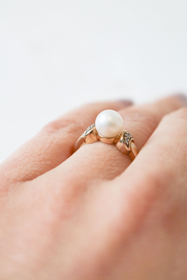 Vintage Pearl Engagement Ring, Vintage Diamond Engagement Ring, 9ct Gold, Diamond Pearl Ring, Antique Engagement Ring, Diamond Ring, Pearl image 4