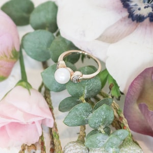 Vintage Pearl Engagement Ring, Vintage Diamond Engagement Ring, 9ct Gold, Diamond Pearl Ring, Antique Engagement Ring, Diamond Ring, Pearl image 10