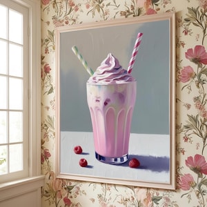 Raspberry Milkshake Art Print – Retro Diner Decor, Whipped Cream Dessert Poster, Cute Pink Aesthetic, Sweet Treat Wall Art