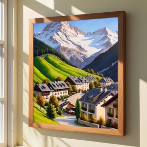 French Style Painting Print of Chamonix Village with Snowy Alps, Vibrant Green Hills, and Cozy Chalets – Digital Wall Art Download