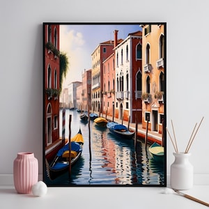 Venice Oil Painting Digital Download, Romantic Italian Canal Artwork, Gondola Water Reflection, Elegant Venice Wall Art, Vintage City Decor