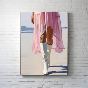 Coastal Cowgirl Wall Art - Western Beach Aesthetic Print - Pink Dress & White Boots - Trendy Cowgirl Room Decor - Digital Download