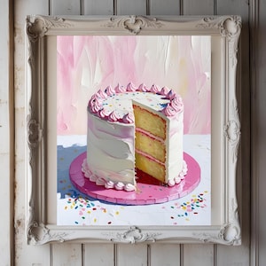 Pastel Cake Print - Cute Bakery Art - Whimsical Kitchen Decor - Pink & White Frosted Cake Painting - Digital Download
