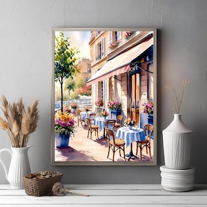 Parisian Cafe Watercolor Painting – French Style Wall Art Print, Digital Download of a Beautiful Outdoor Bistro Scene