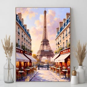 Romantic Paris Oil Painting Digital Download, Eiffel Tower Street Scene, French Cafe Artwork, Elegant Parisian Wall Art, Vintage City Decor