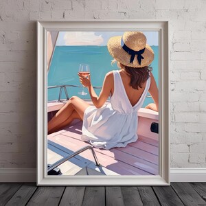 Impresión de pintura estilo nieta costera: Mujer en un velero con vino y vista al mar – Descarga de arte mural digital