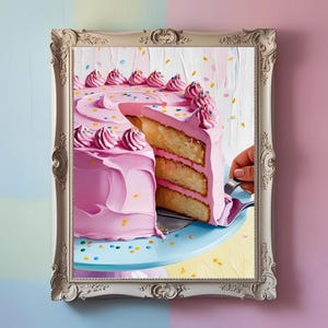 Pink Cake Print - Pastel Bakery Art - Cute Dessert Illustration - Whimsical Kitchen Decor - Instant Digital Download