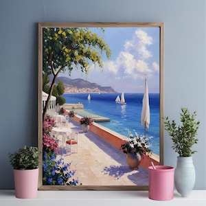 Elegant French Riviera Oil Painting Digital Download, Seaside Terrace Art, Mediterranean Coastal View, Sailboats, Floral Balcony Decor