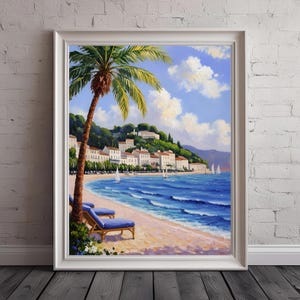 French Riviera Oil Painting Digital Download, Mediterranean Beach Scene, Coastal Wall Art Print, Palm Tree, Sailboats, Seaside Decor