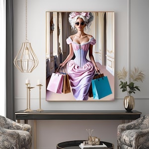Modern Marie Antoinette Rococo Revival Wall Art - Glamorous Woman in Pink Gown Shopping Bags Digital Download - French Style Painting Print