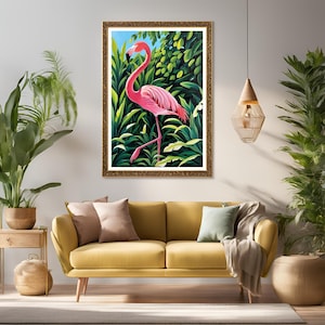 Tropical Flamingo Wall Art Print – Vibrant Jungle Botanical Decor, Pink Bird Painting, Coastal Exotic Home Aesthetic, Digital Download
