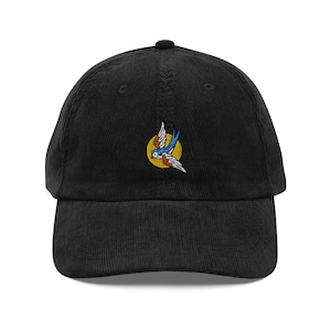 Embroidered Swallow Vintage Corduroy Cap - Hat Dad Cap for Trendy Streetwear & Nature Lovers Retro Fashion Traditional Tattoo Style Design