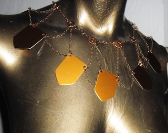 Steampunk copper colored shield and chain maille necklace